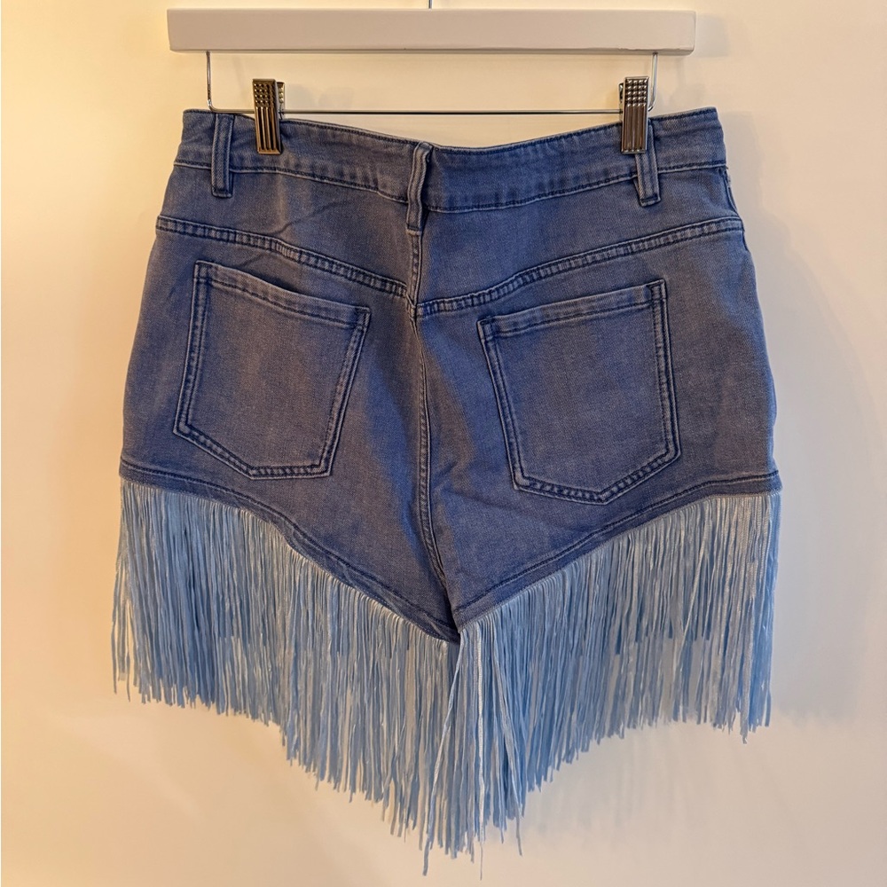 Oyrosy Vintage Washed Raw Edge Tassel Light Blue Denim Culottes NWT - Picture 12 of 15